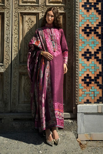 Mosaic Reverie by Mushq Broadway Winter 2026 magenta embroidered jacquard stitched formal winter suit with matching shawl