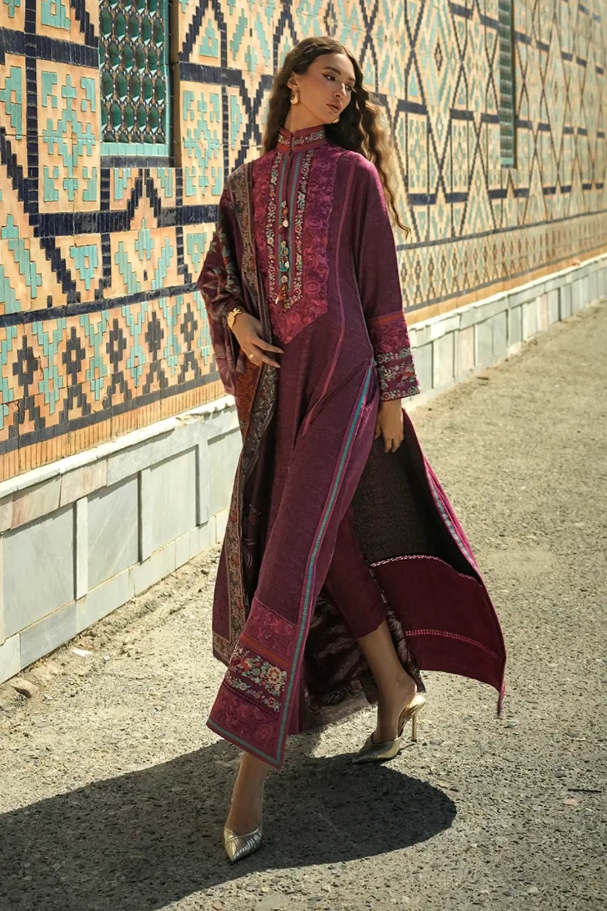 Mosaic Reverie by Mushq Broadway Winter 2026 magenta embroidered jacquard stitched formal winter suit with matching shawl