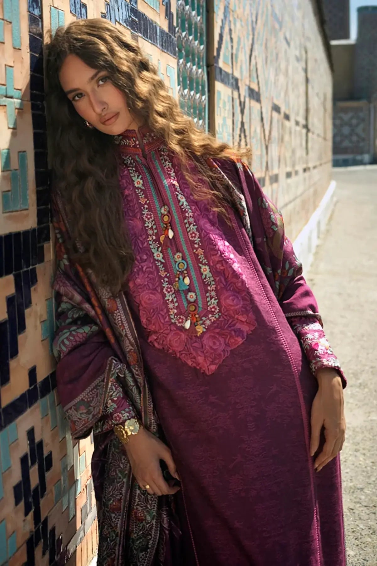 Mosaic Reverie by Mushq Broadway Winter 2026 magenta embroidered jacquard stitched formal winter suit with matching shawl