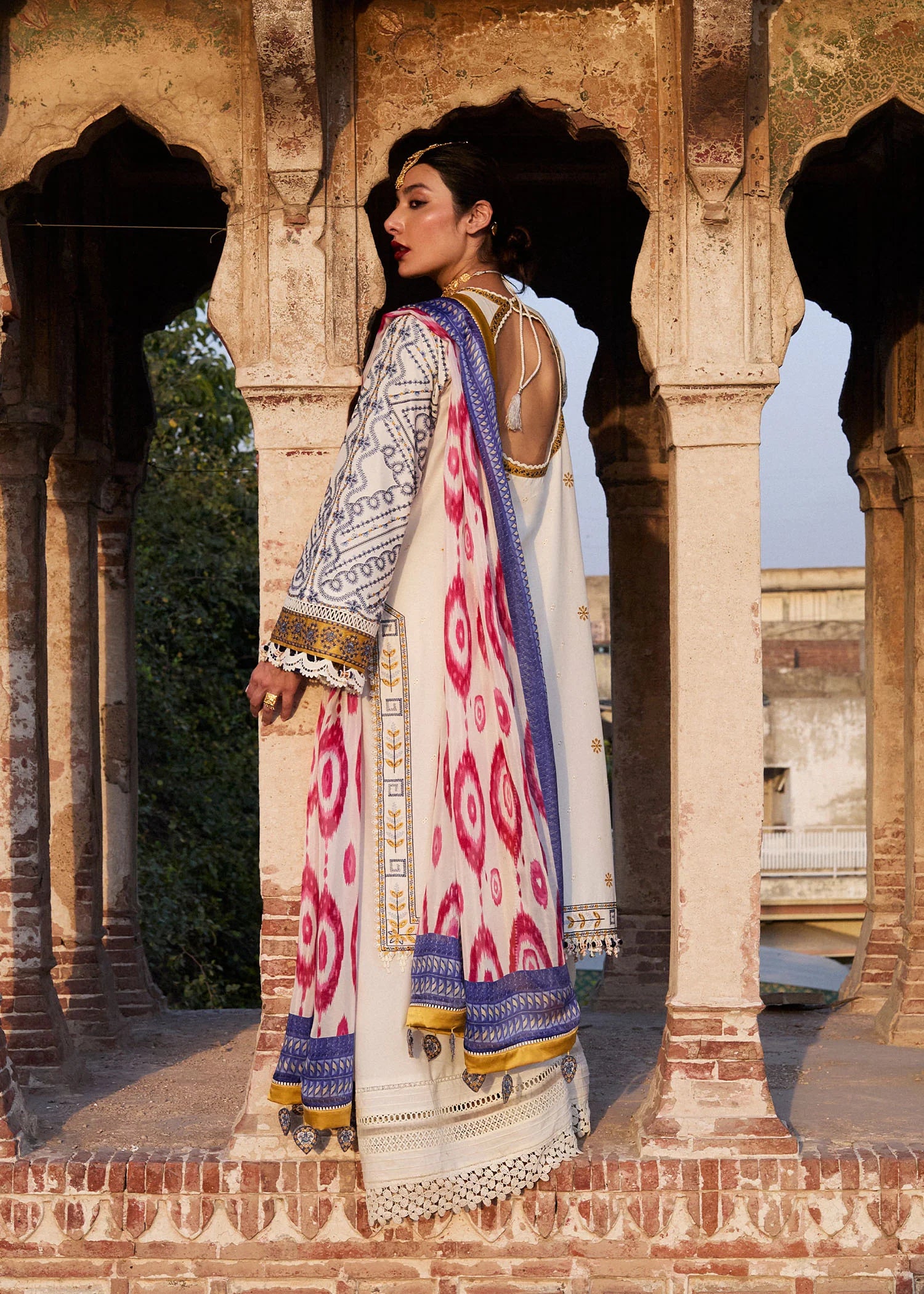 Motia-Elegant summer ensemble in ivory with colorful accents by-Hussain rehar