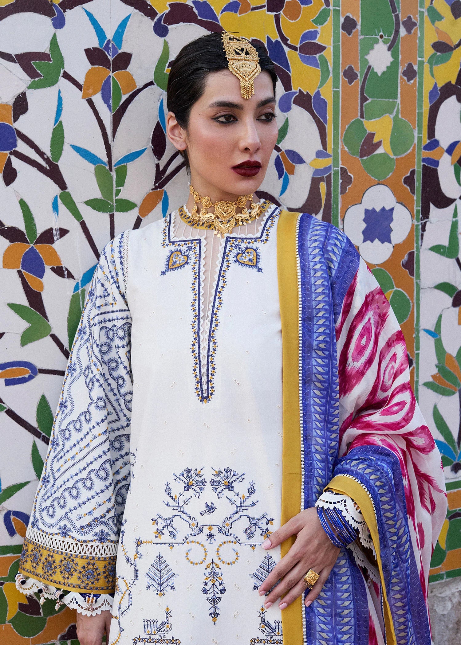 Motia-Elegant summer ensemble in ivory with colorful accents by-Hussain rehar