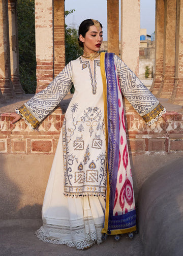 Motia-Elegant summer ensemble in ivory with colorful accents by-Hussain rehar
