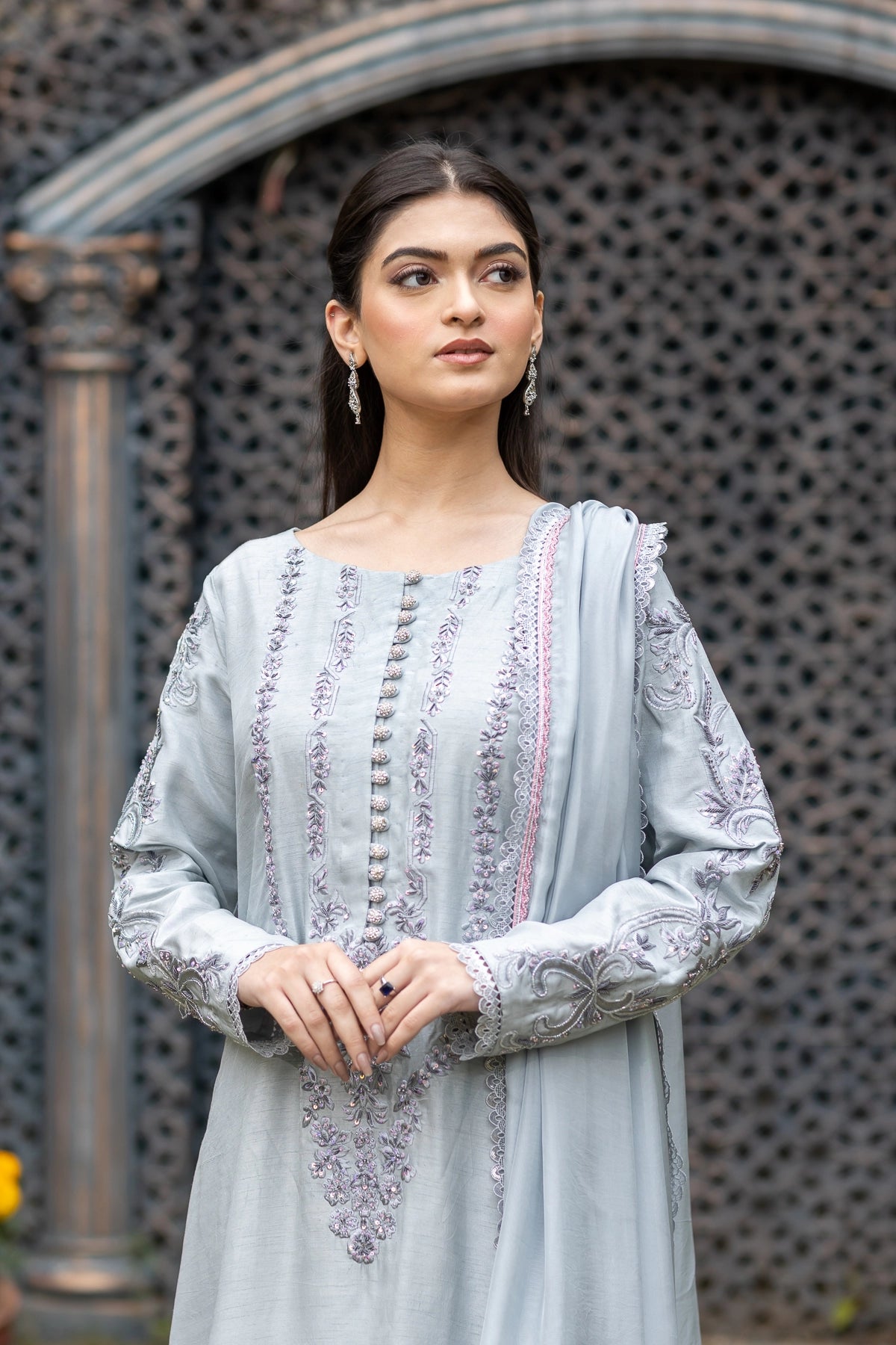 Motia silver grey raw silk 3PC Eid Edit 2026 with Swarovski by MariamRaj