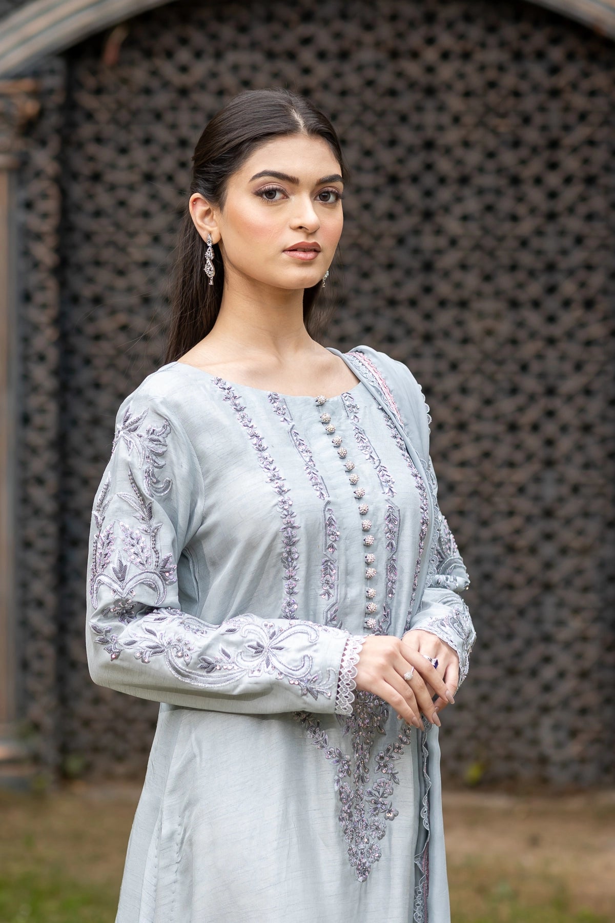 Motia silver grey raw silk 3PC Eid Edit 2026 with Swarovski by MariamRaj