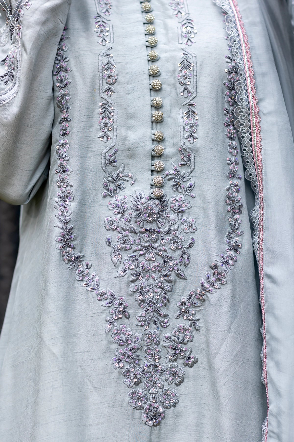 Motia silver grey raw silk 3PC Eid Edit 2026 with Swarovski by MariamRaj