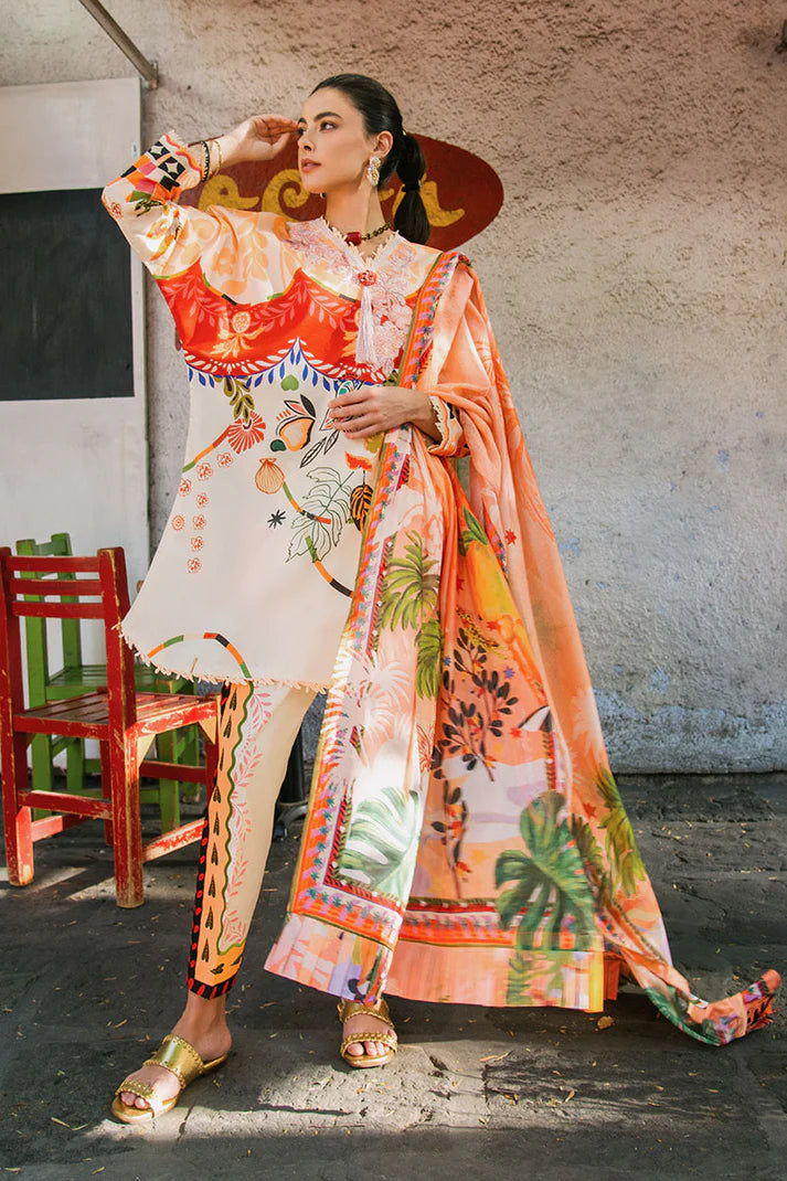 Mulberry Tree- Stylish off-white and peach printed lawn suit with crochet lace accents By- Mushq
