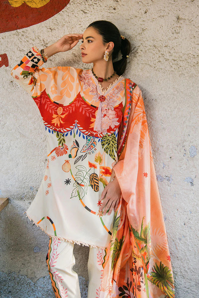 Mulberry Tree- Stylish off-white and peach printed lawn suit with crochet lace accents By- Mushq