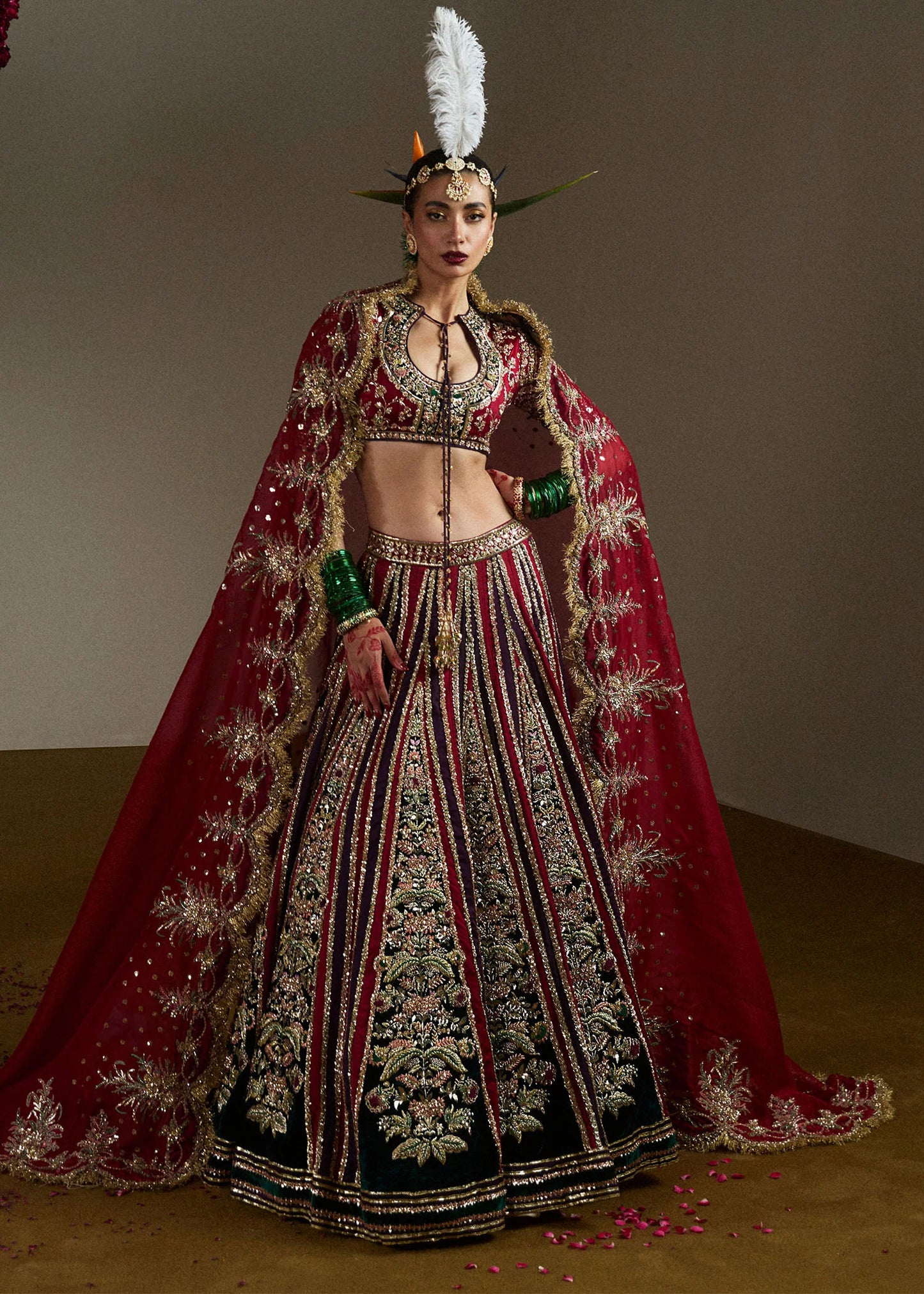 Mushq-Ruby Woo Double-Colored Velvet Lehenga with Choli