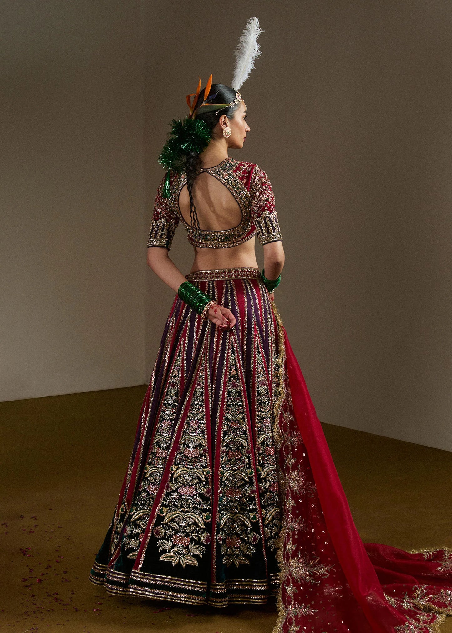 Mushq-Ruby Woo Double-Colored Velvet Lehenga with Choli