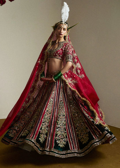 Mushq-Ruby Woo Double-Colored Velvet Lehenga with Choli