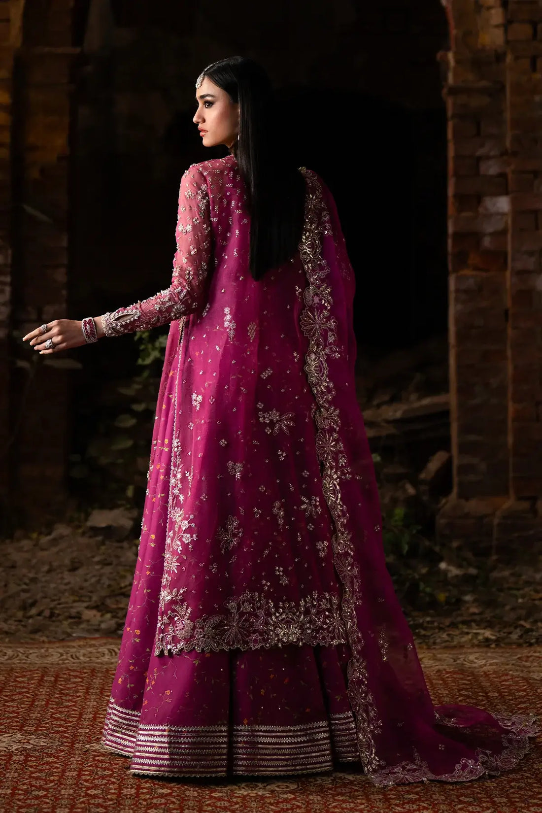 Nyra magenta organza festive outfit with raw silk lehenga
