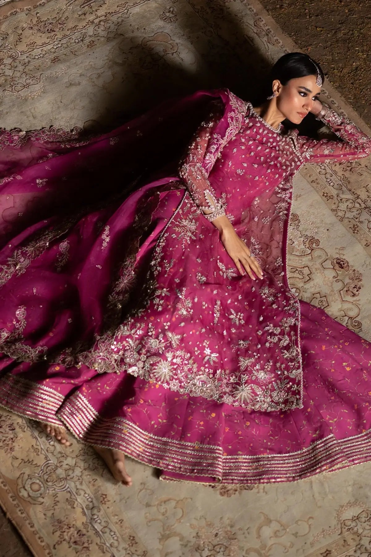 Nyra magenta organza festive outfit with raw silk lehenga