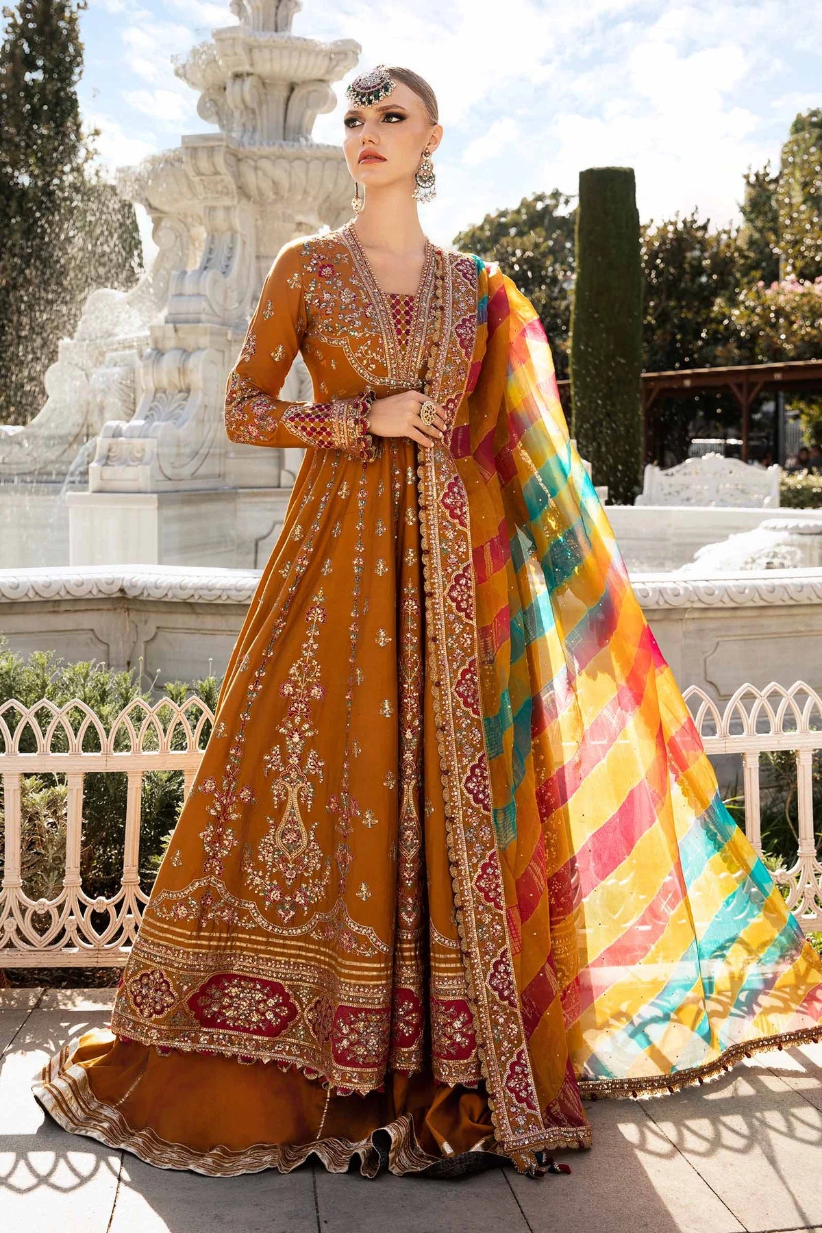 Mustard Embroidered Cotton Satin Suit By Maria B