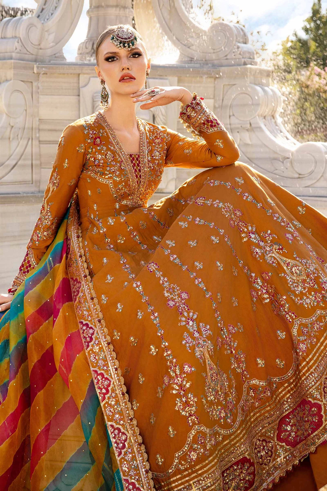 Mustard Embroidered Cotton Satin Suit By Maria B