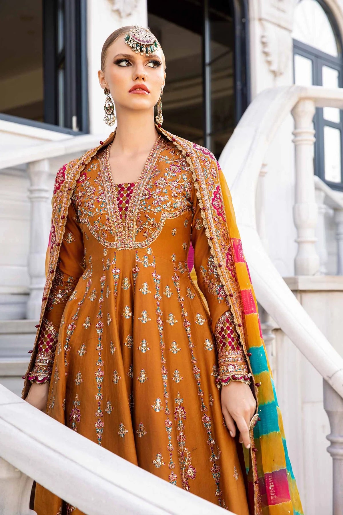 Mustard Embroidered Cotton Satin Suit By Maria B