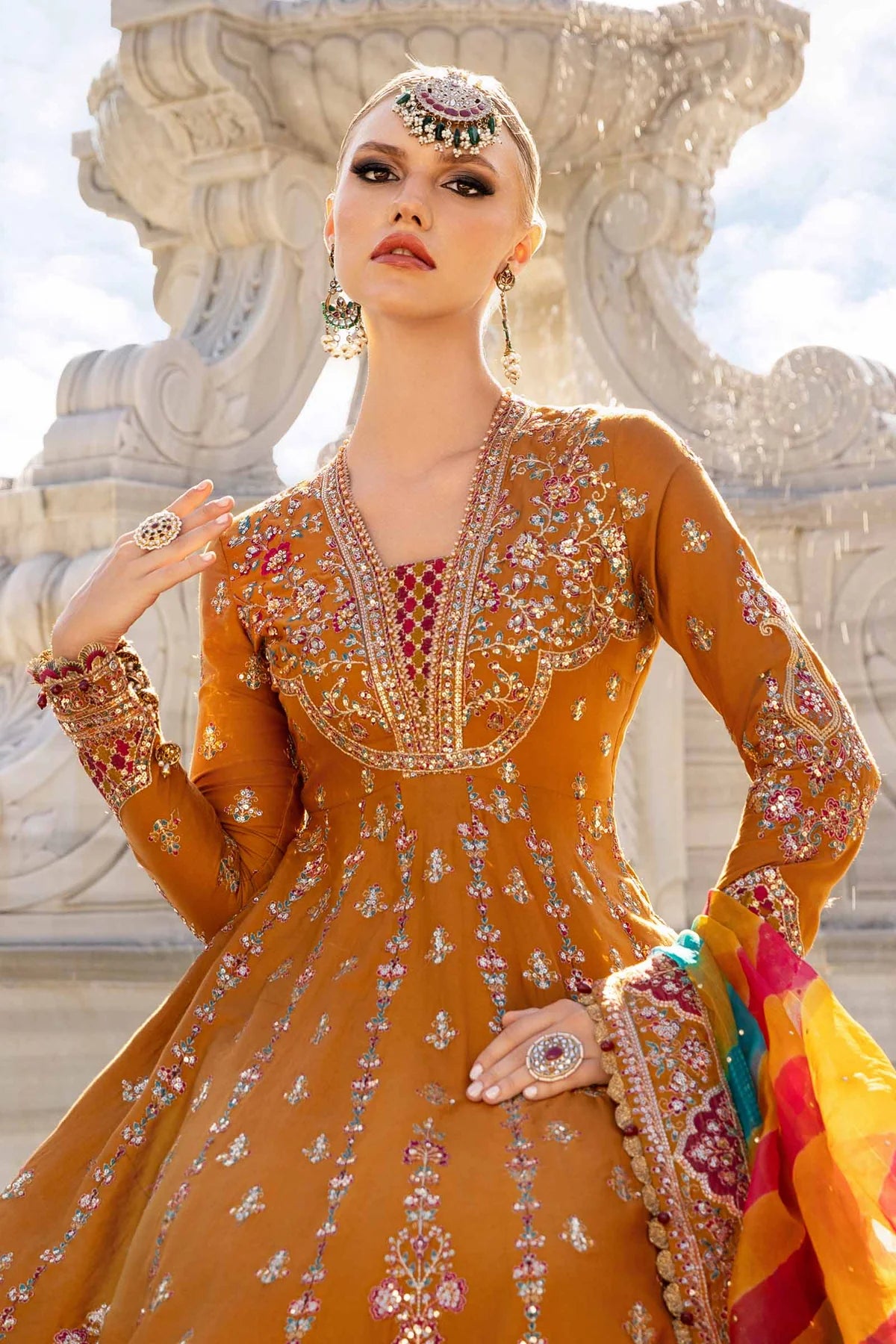 Mustard Embroidered Cotton Satin Suit By Maria B