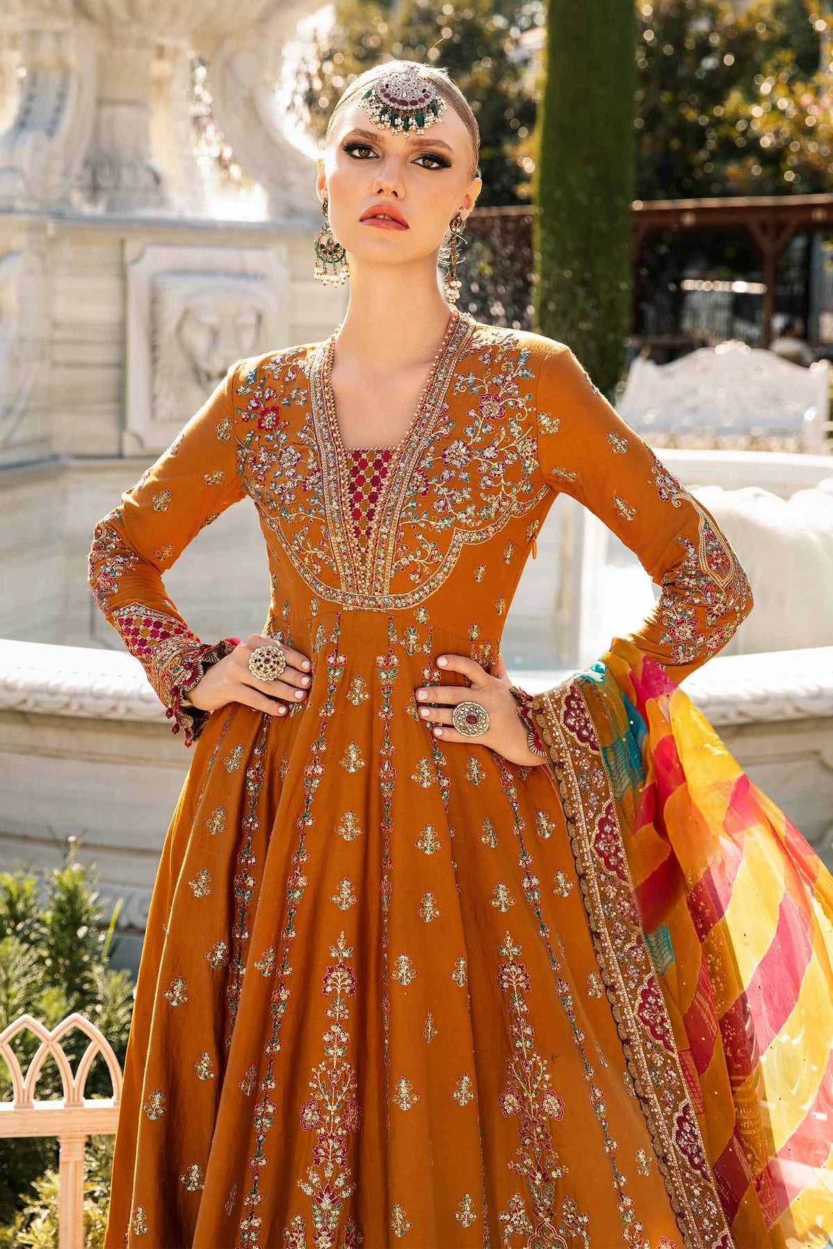 Mustard Embroidered Cotton Satin Suit By Maria B