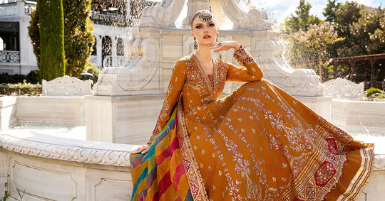 Mustard Embroidered Cotton Satin Suit By Maria B