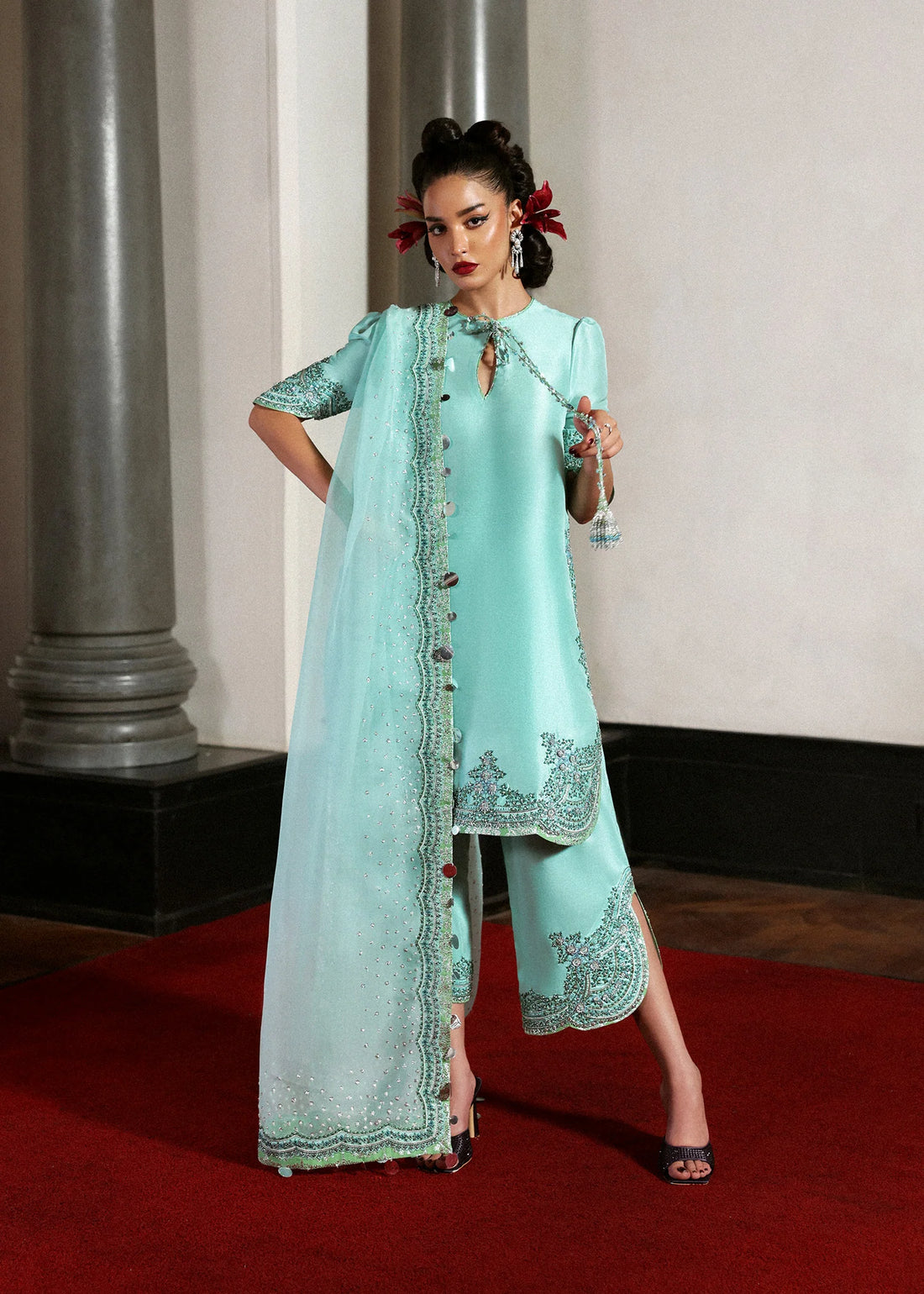 Mynt – Mint blue embroidered Pakistani outfit with culottes and chanderi silk-trimmed dupatta – Festive wear at Pakistanimoda