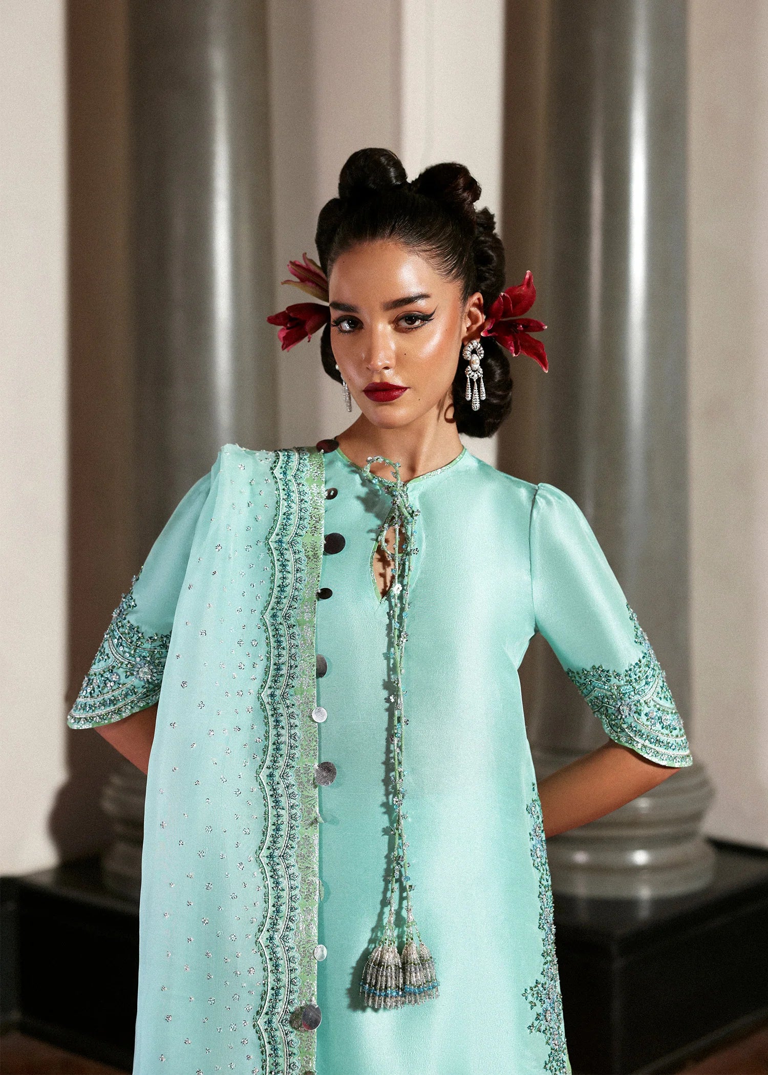 Mynt – Mint blue embroidered Pakistani outfit with culottes and chanderi silk-trimmed dupatta – Festive wear at Pakistanimoda