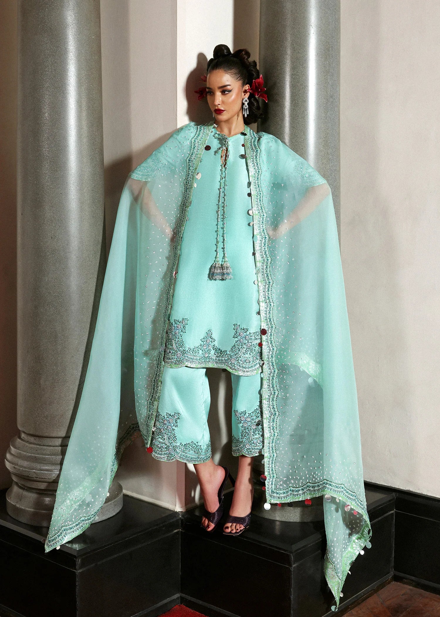 Mynt – Mint blue embroidered Pakistani outfit with culottes and chanderi silk-trimmed dupatta – Festive wear at Pakistanimoda