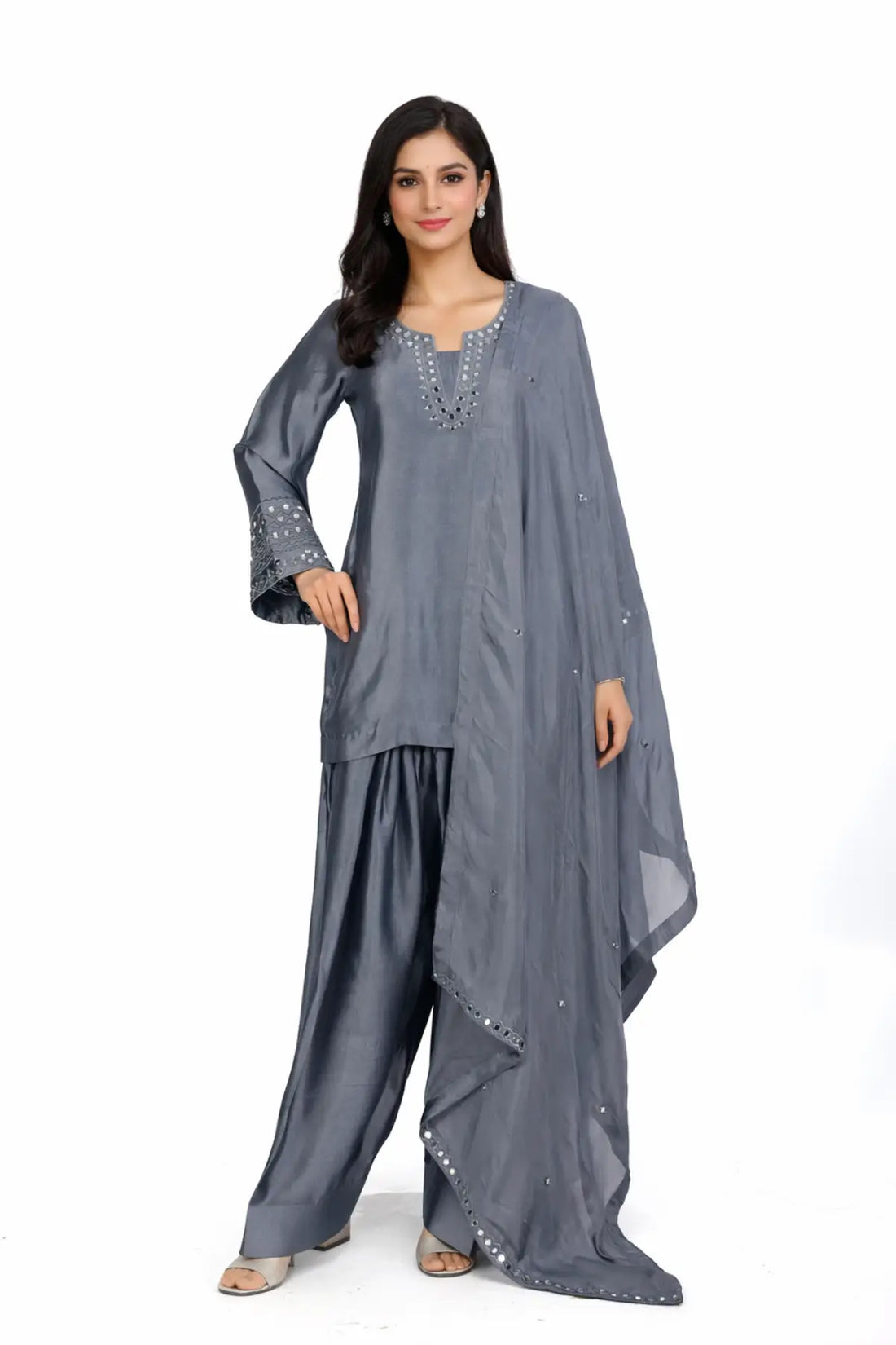 Myra grey sheesha silk festive shalwar kameez with chiffon dupatta and sheesha patti by MariamRaj