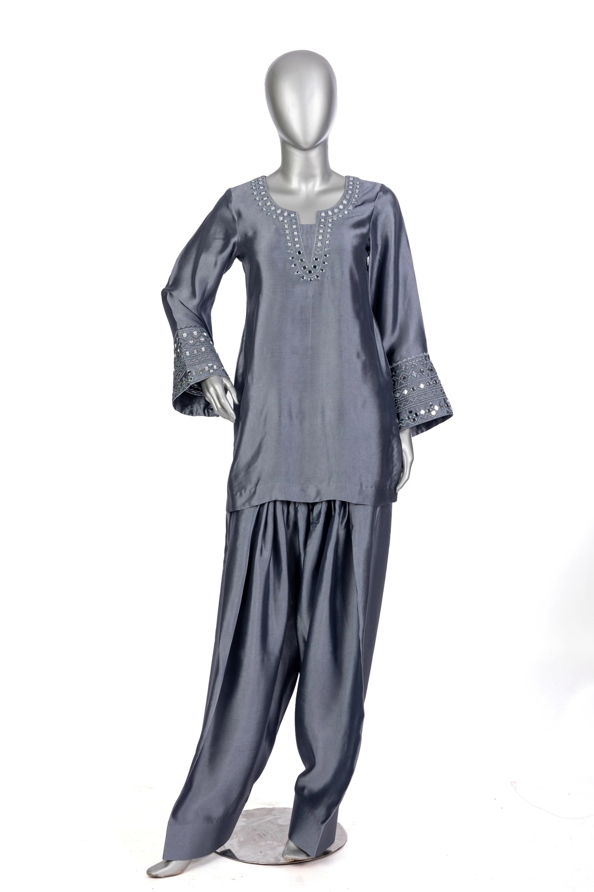 Myra grey sheesha silk festive shalwar kameez with chiffon dupatta and sheesha patti by MariamRaj