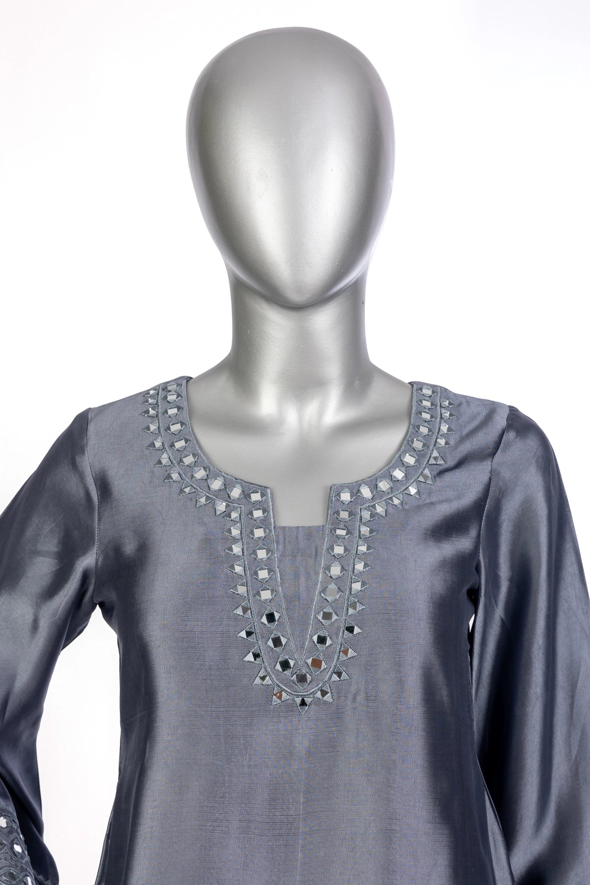 Myra grey sheesha silk festive shalwar kameez with chiffon dupatta and sheesha patti by MariamRaj