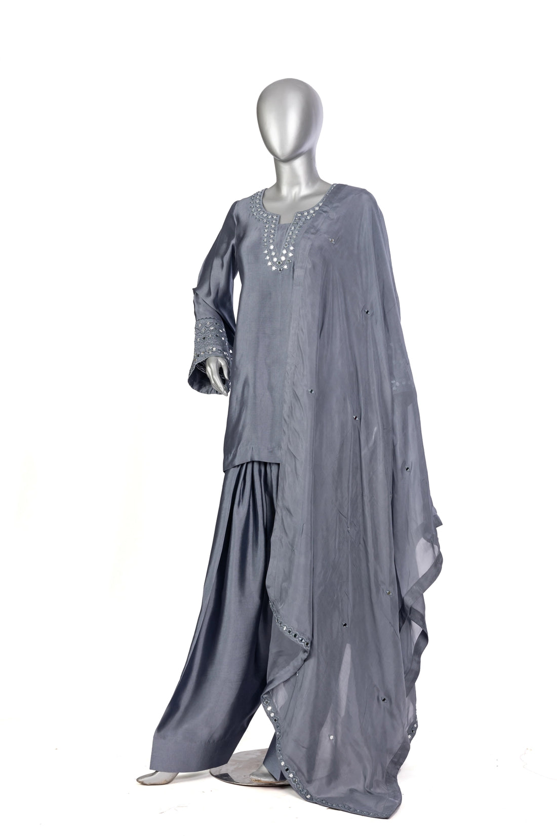 Myra grey sheesha silk festive shalwar kameez with chiffon dupatta and sheesha patti by MariamRaj