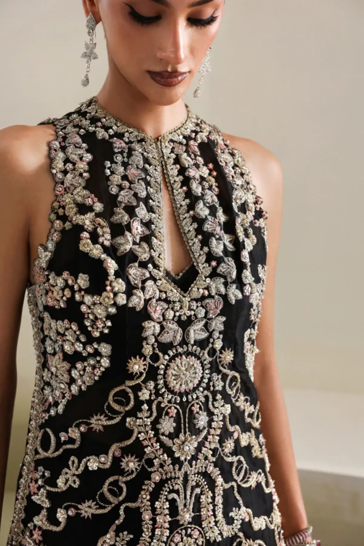 Myrren by Soraya black hand embellished luxury formal dress with elegant designer silhouette