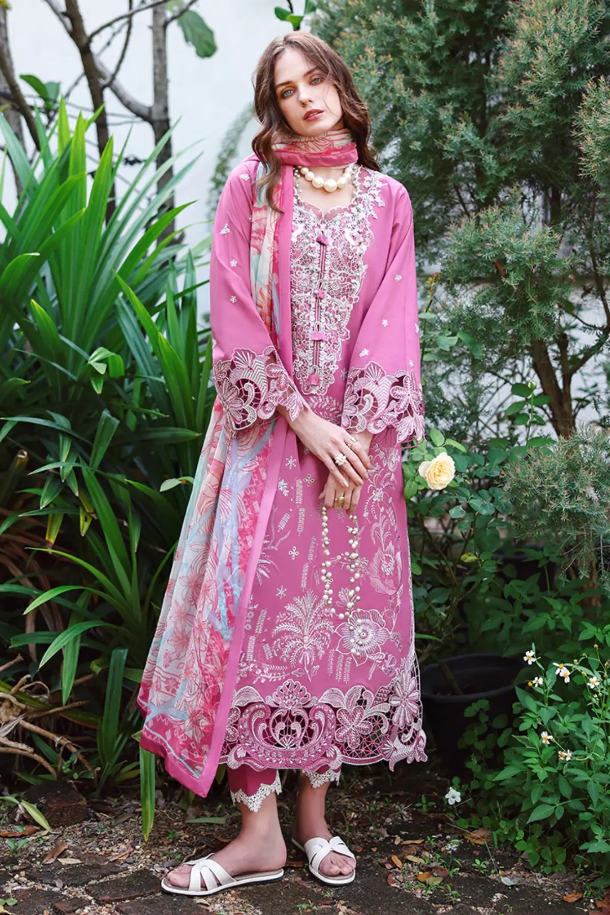 Mystic Camellia pink Mushq lawn suit with chiffon dupatta and embellished tassel