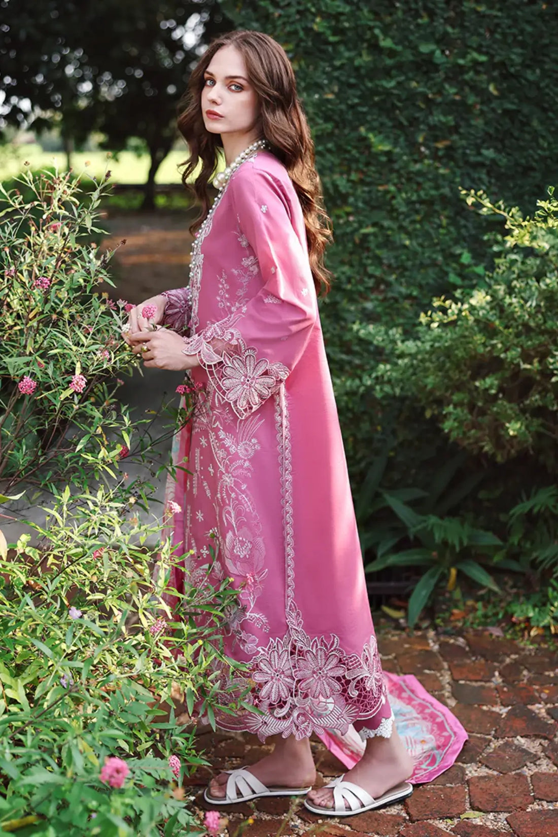 Mystic Camellia pink Mushq lawn suit with chiffon dupatta and embellished tassel
