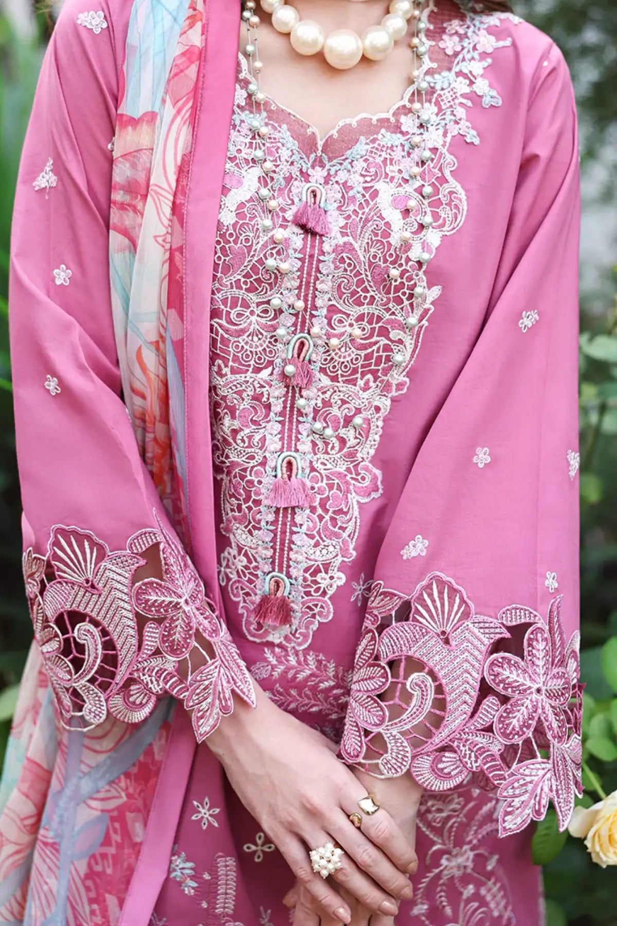 Mystic Camellia pink Mushq lawn suit with chiffon dupatta and embellished tassel