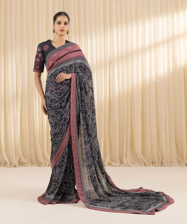 Mystic Ebony -Printed Georgette Chiffon Saree for Evening Wear