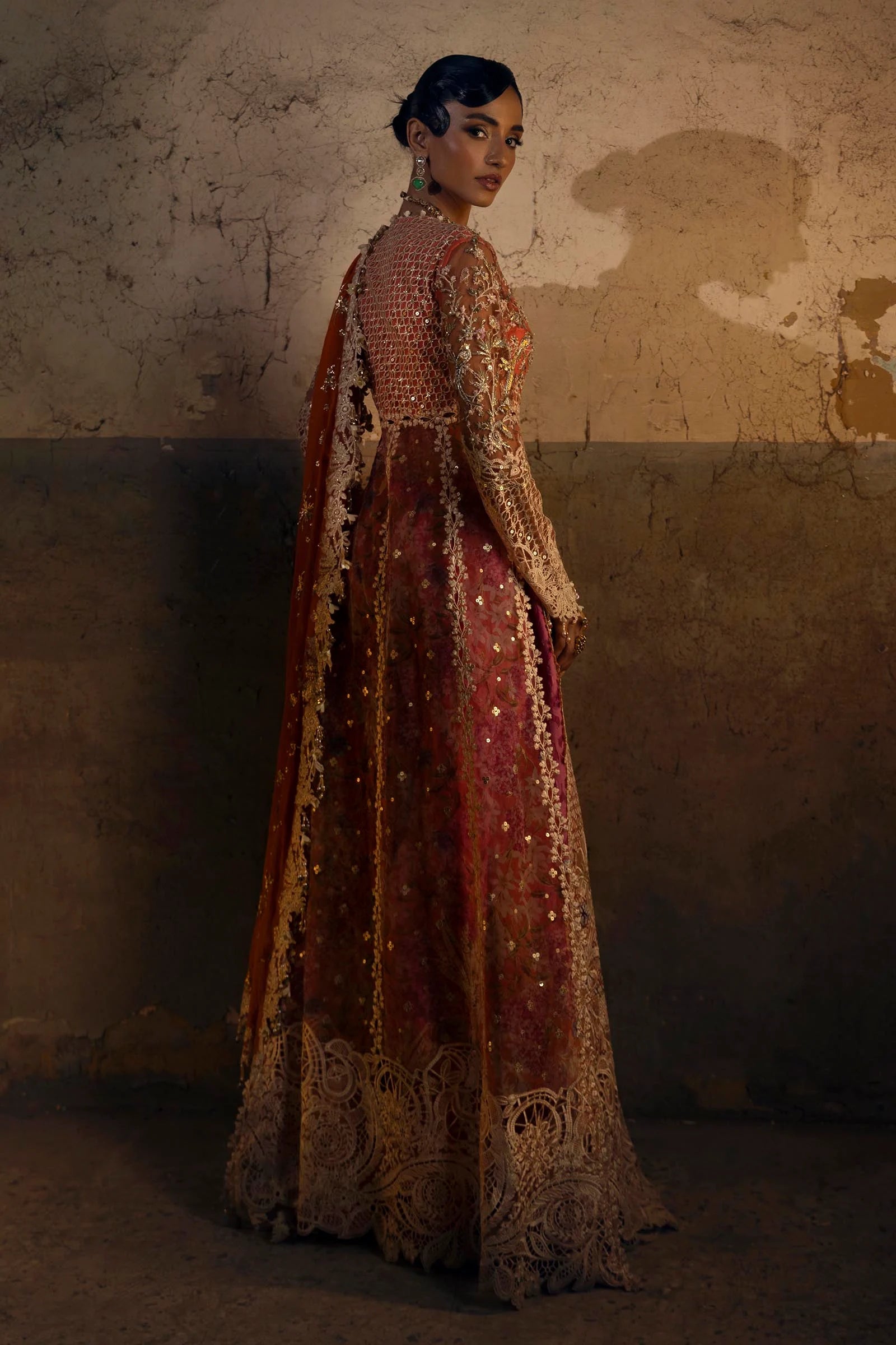 N251-002-3CX- Embroidered Peach Net Outfit Formal Wear By- Sana Safinaz