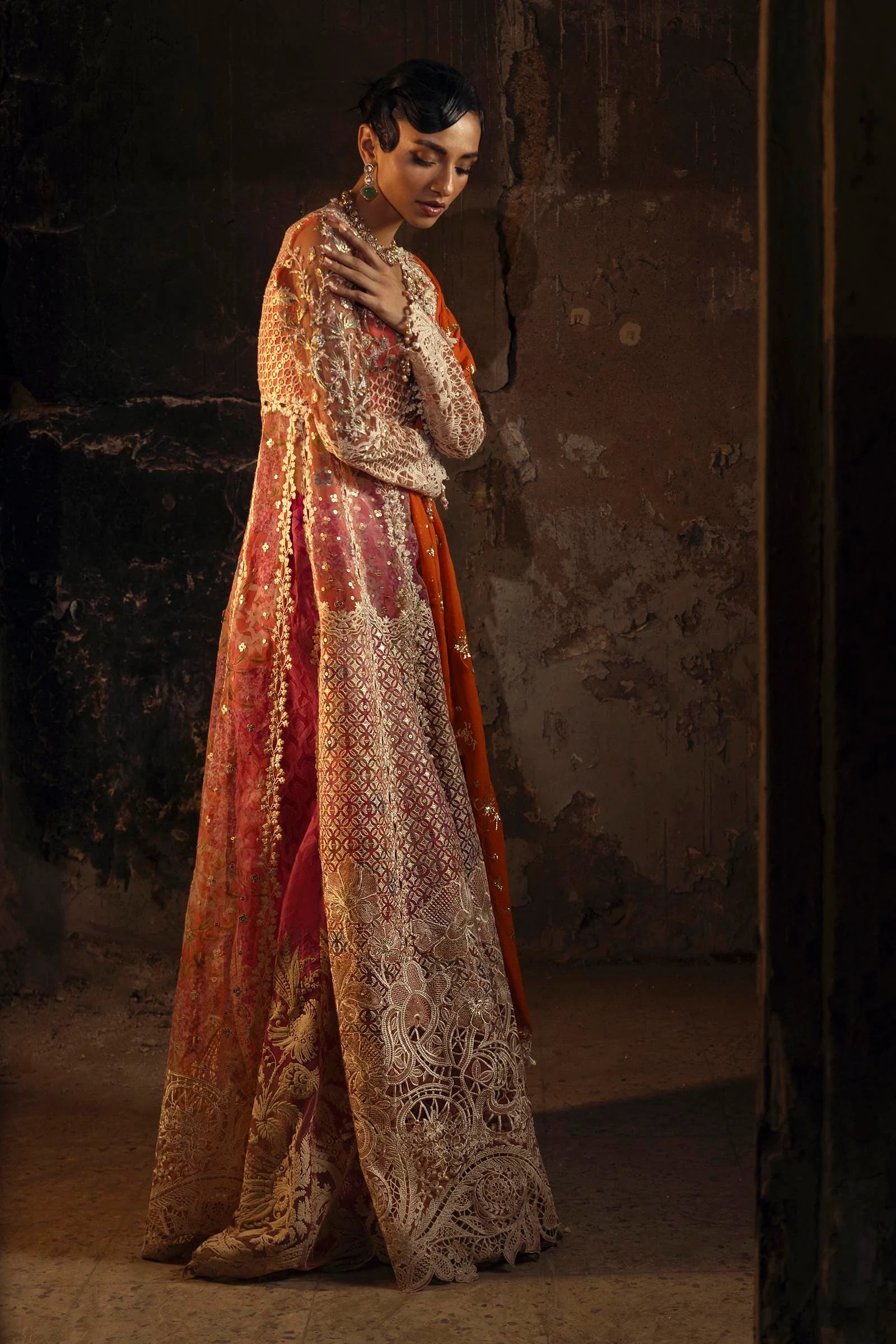 N251-002-3CX- Embroidered Peach Net Outfit Formal Wear By- Sana Safinaz