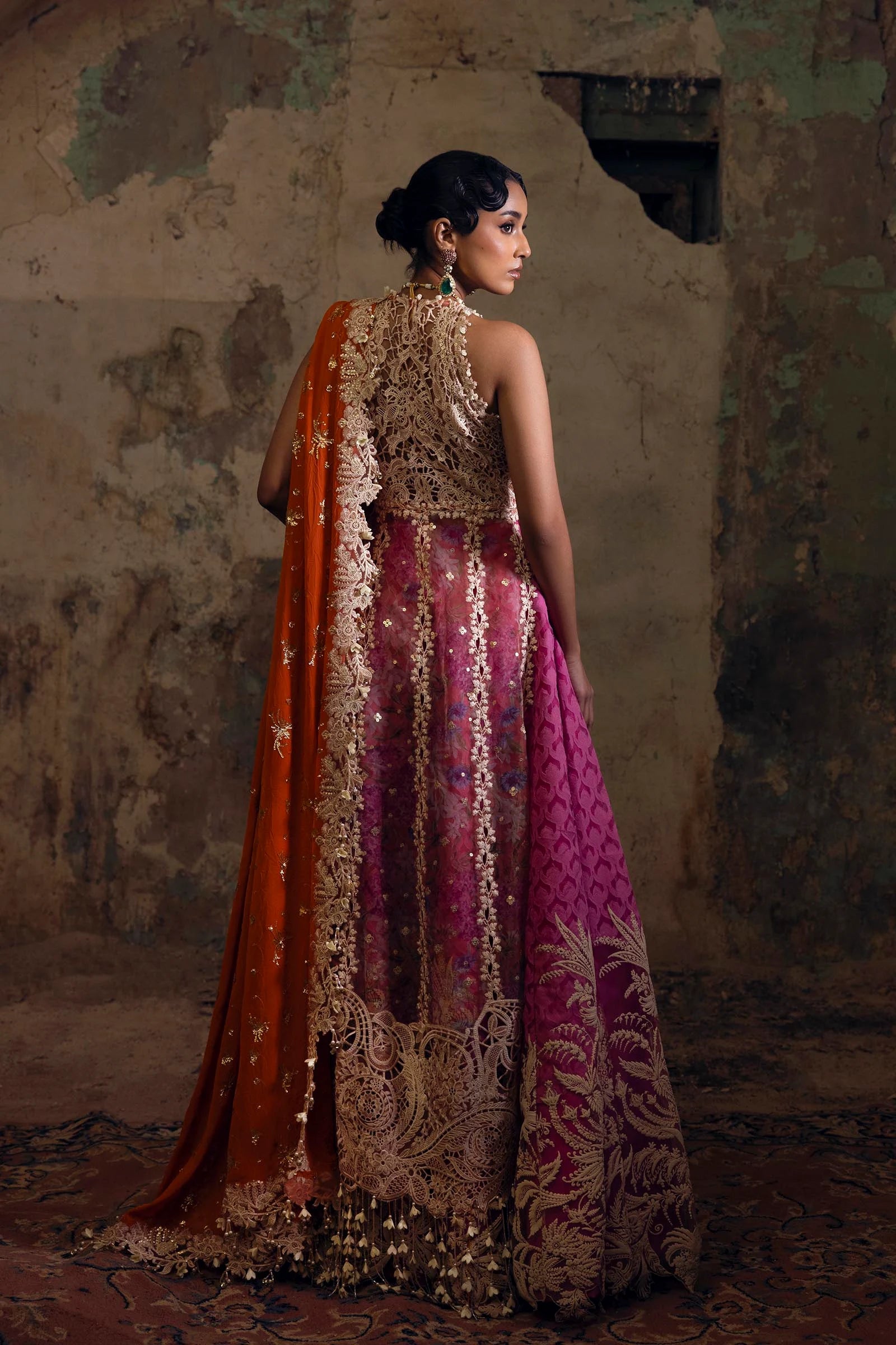 N251-002-3CX- Embroidered Peach Net Outfit Formal Wear By- Sana Safinaz