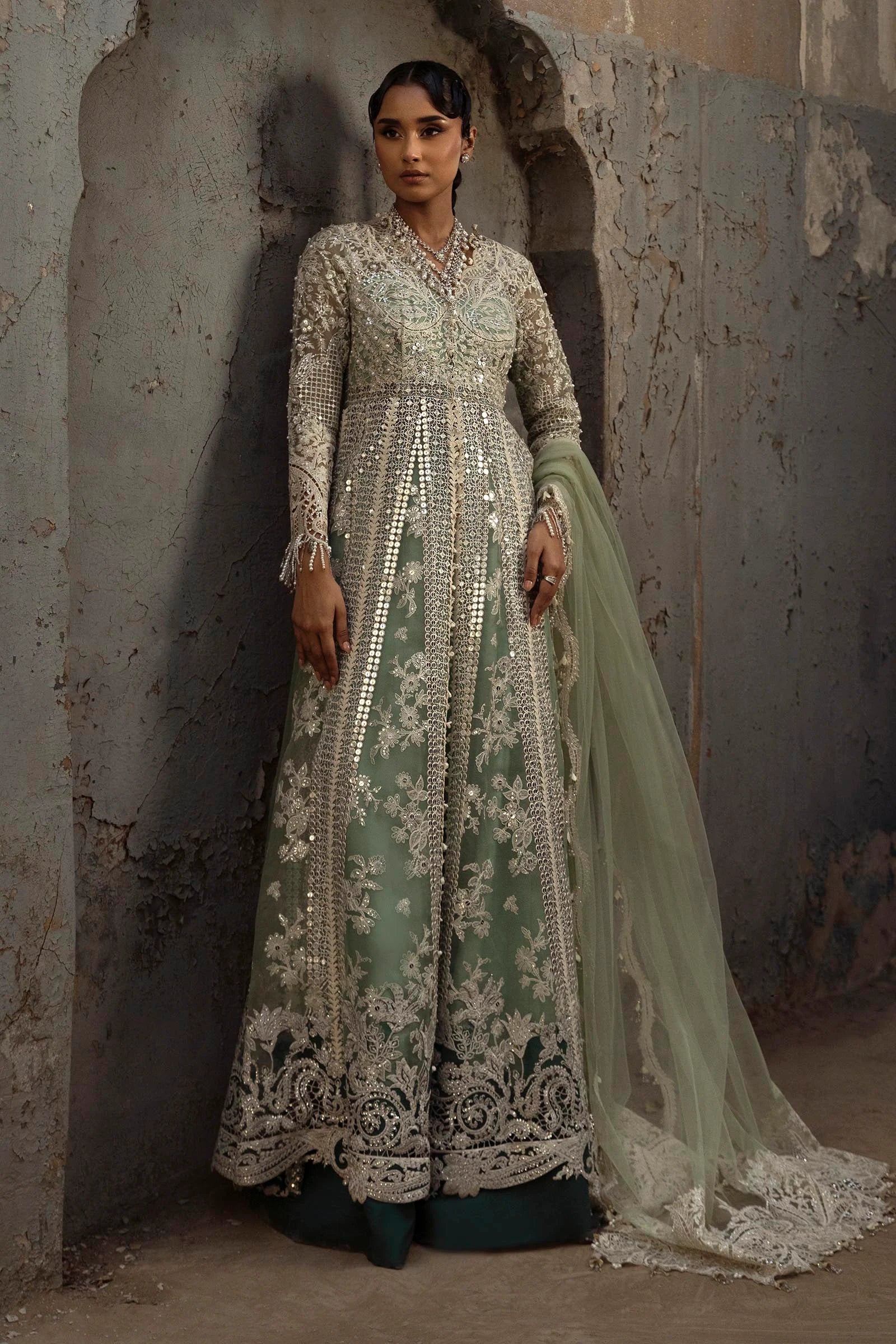 N251-005-3CX- Sage Green Organza Long Pishwas Set By- Sana Safinaz
