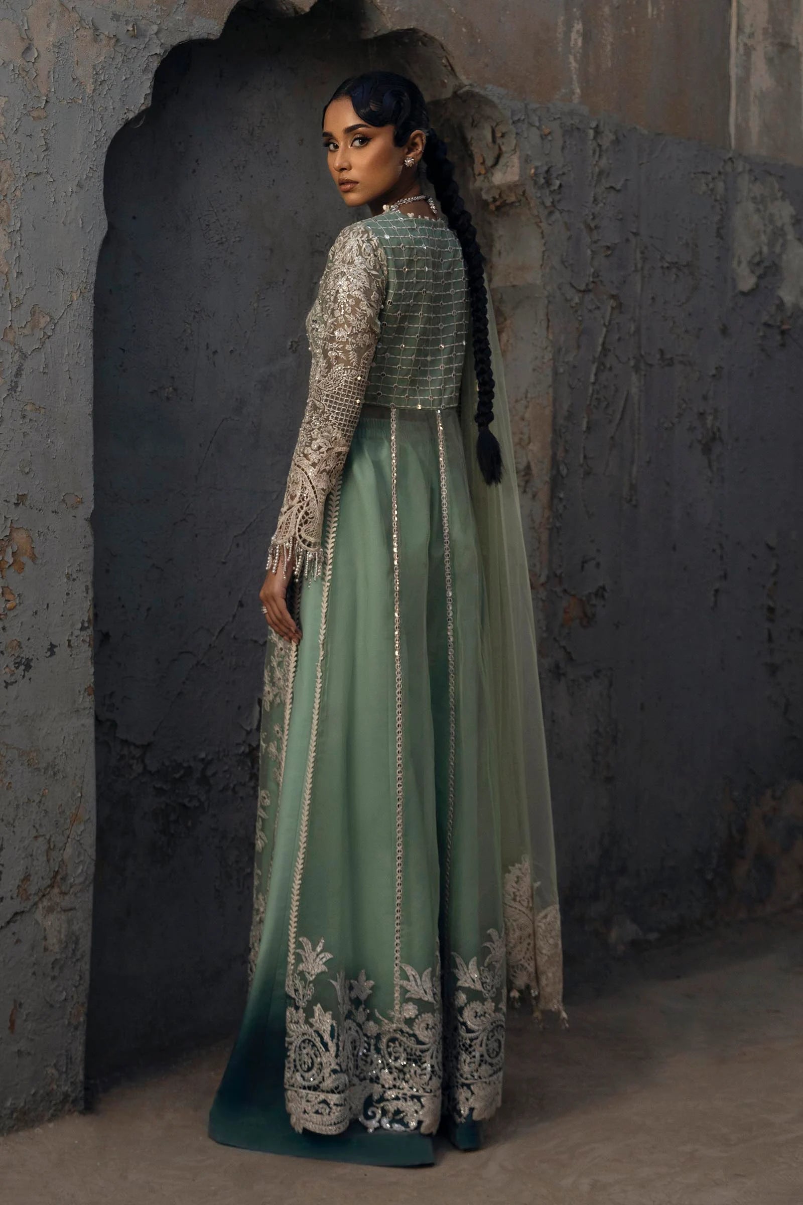 N251-005-3CX- Sage Green Organza Long Pishwas Set By- Sana Safinaz