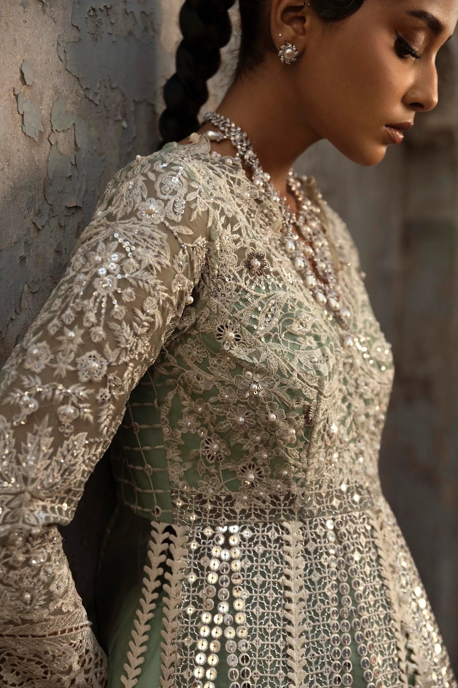 N251-005-3CX- Sage Green Organza Long Pishwas Set By- Sana Safinaz