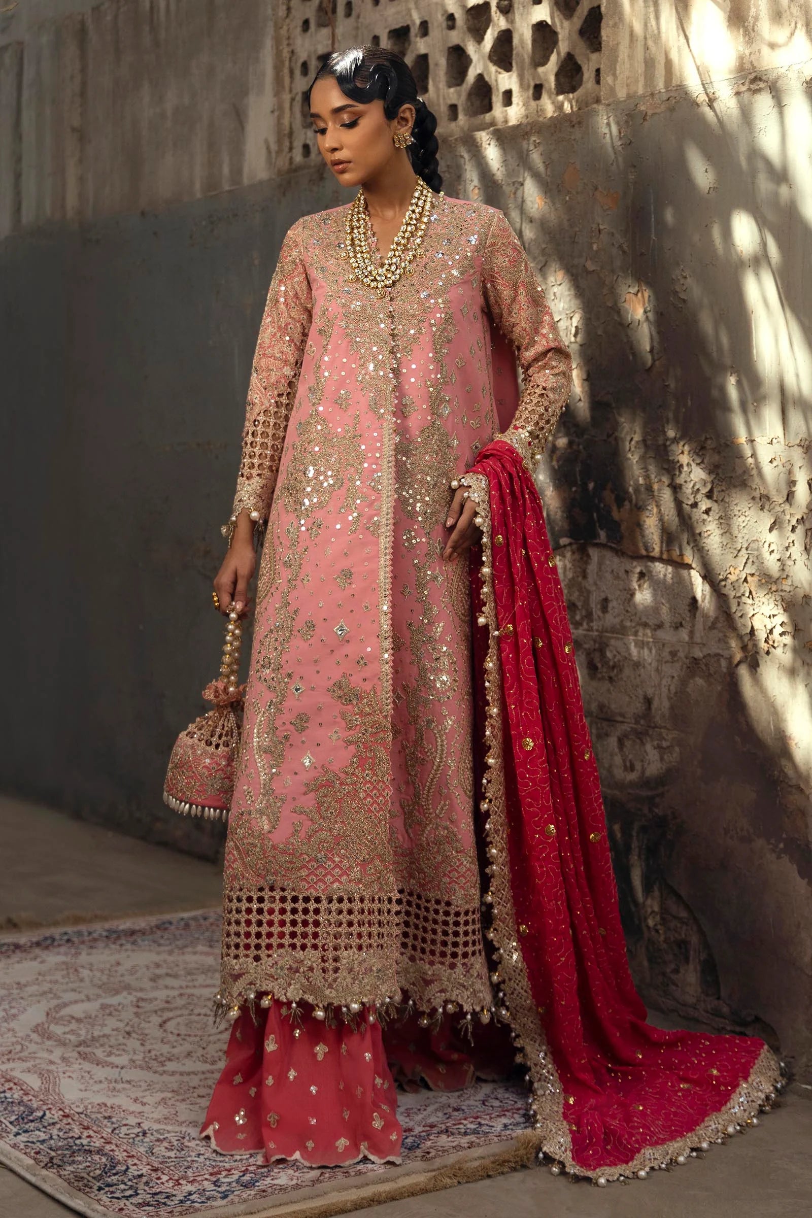 N251-006-3CL- Pakistani Pink Raw Silk Formal Wear By- Sana Safinaz