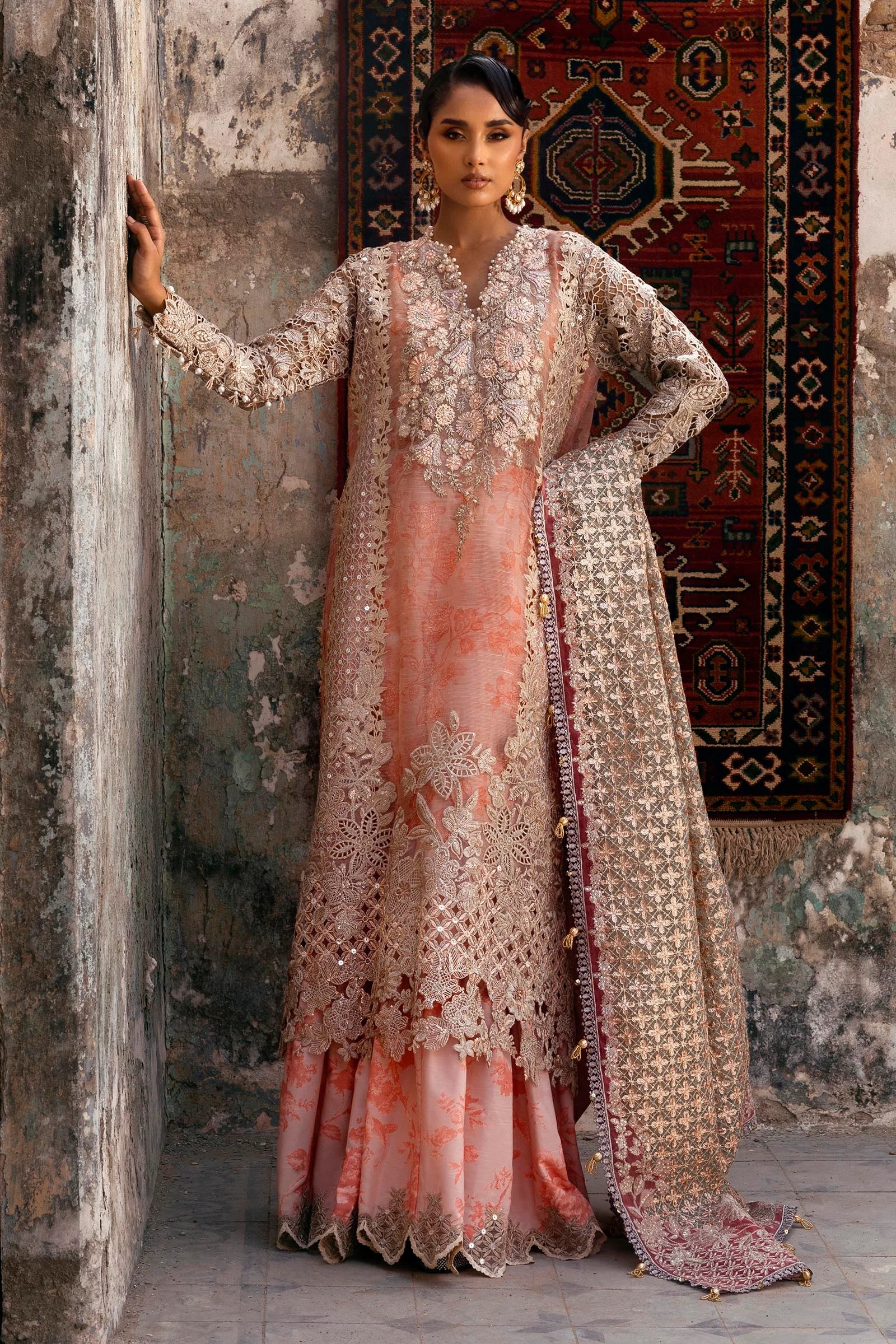 N252-001-3CX stitched peach wedding outfit by Sana Safinaz – embroidered organza suit with raw silk trouser and detailed dupatta for Pakistani women abroad