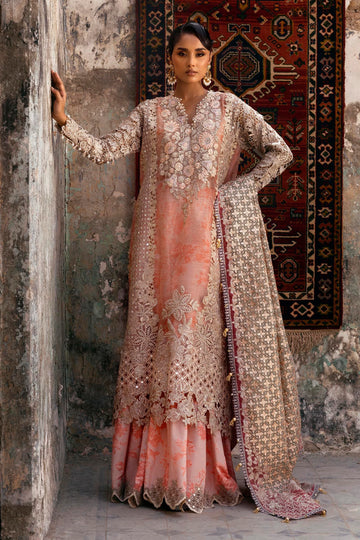 N252-001-3CX stitched peach wedding outfit by Sana Safinaz – embroidered organza suit with raw silk trouser and detailed dupatta for Pakistani women abroad