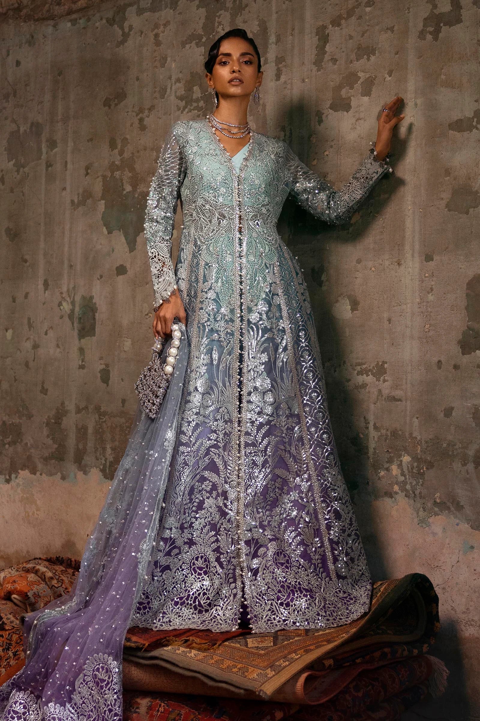 N252-002-3CX stitched Sana Safinaz aqua blue formal dress with raw silk trouser and pearl net dupatta – Pakistani wedding wear for USA and Canada

