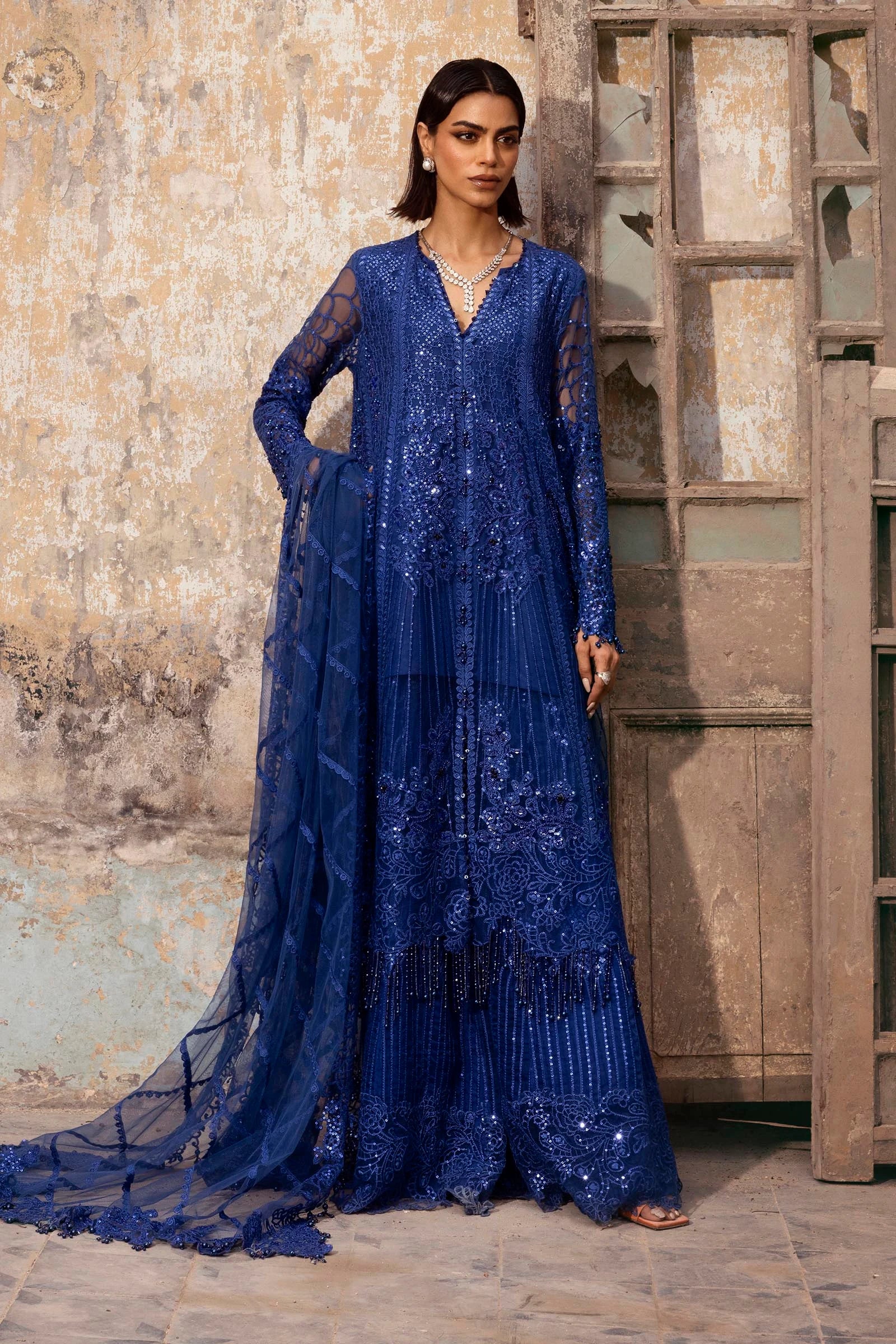 N252-003-3CX stitched royal blue net formal dress with embroidered dupatta and organza trousers – Pakistani event wear for UK & Canada