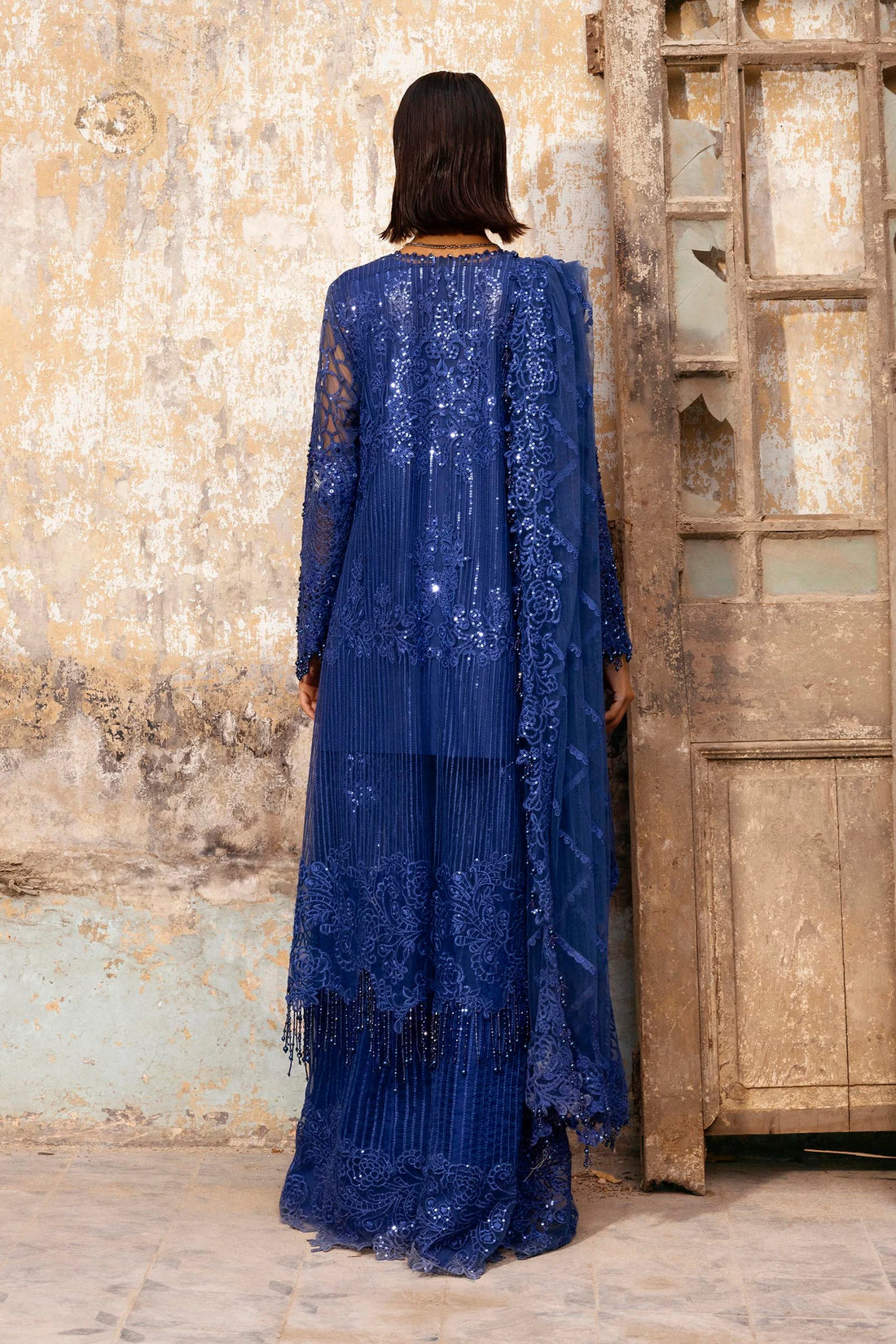 N252-003-3CX stitched royal blue net formal dress with embroidered dupatta and organza trousers – Pakistani event wear for UK & Canada