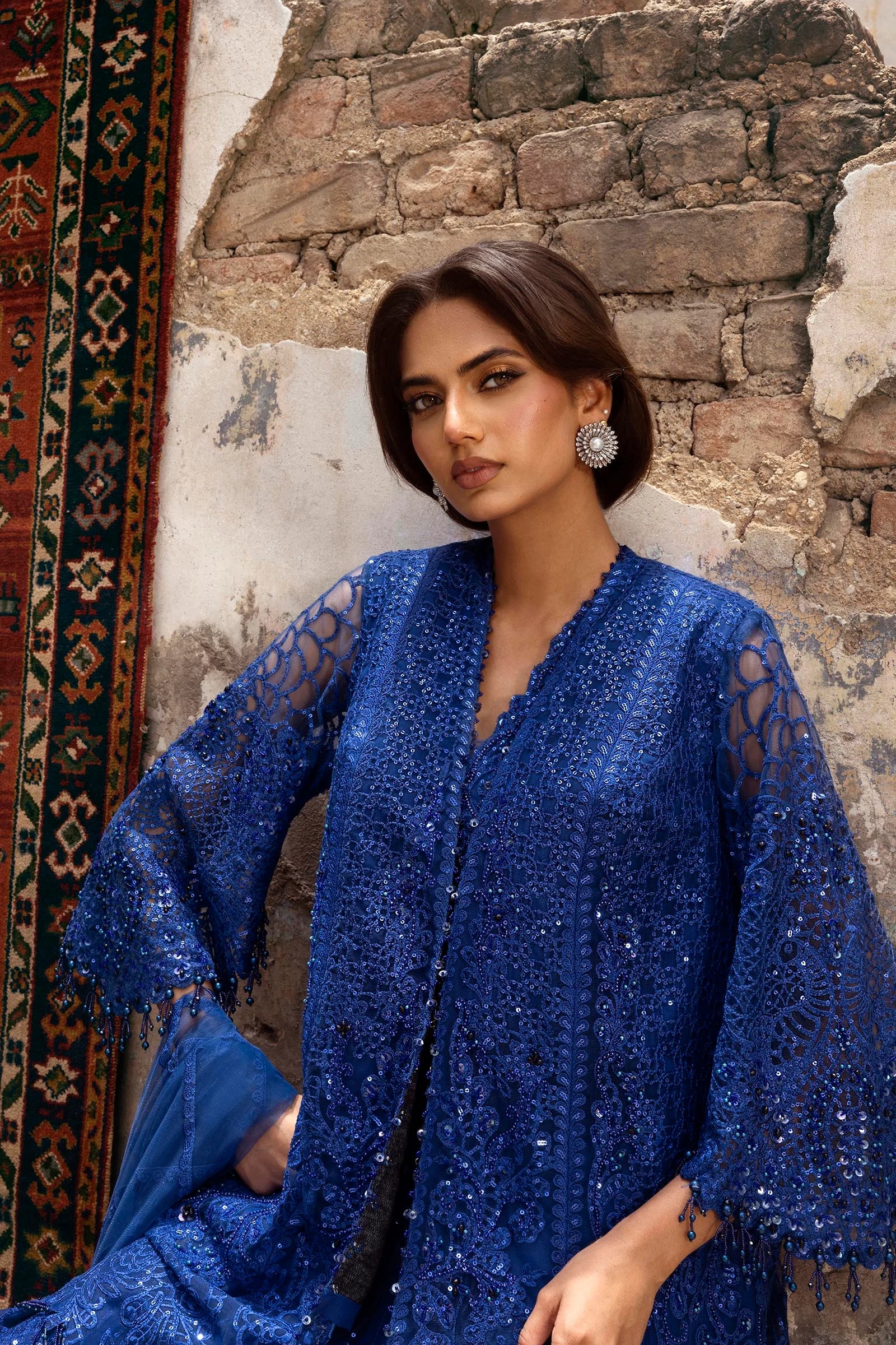 N252-003-3CX stitched royal blue net formal dress with embroidered dupatta and organza trousers – Pakistani event wear for UK & Canada