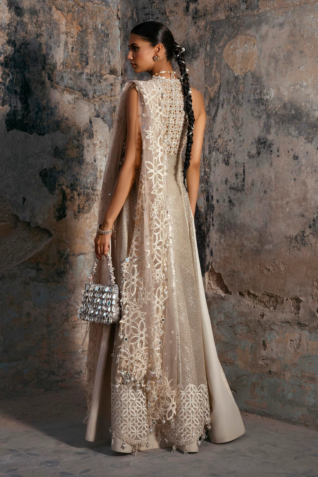 N252-004-3CX stitched beige formal suit with organza cutwork panels and net dupatta – Sana Safinaz designer outfit for Pakistani women in USA