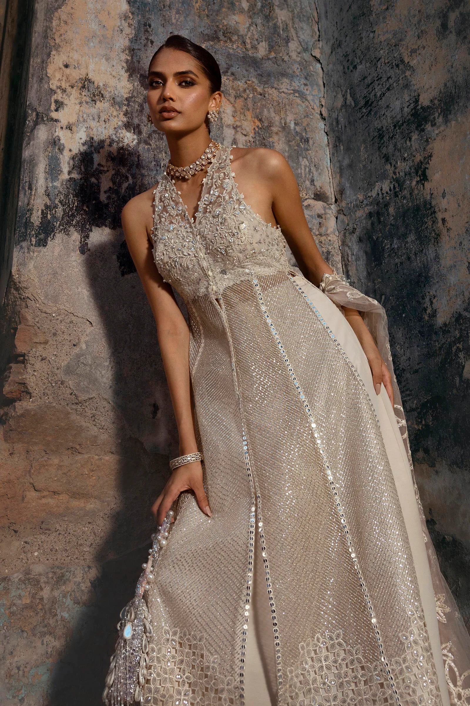 N252-004-3CX stitched beige formal suit with organza cutwork panels and net dupatta – Sana Safinaz designer outfit for Pakistani women in USA