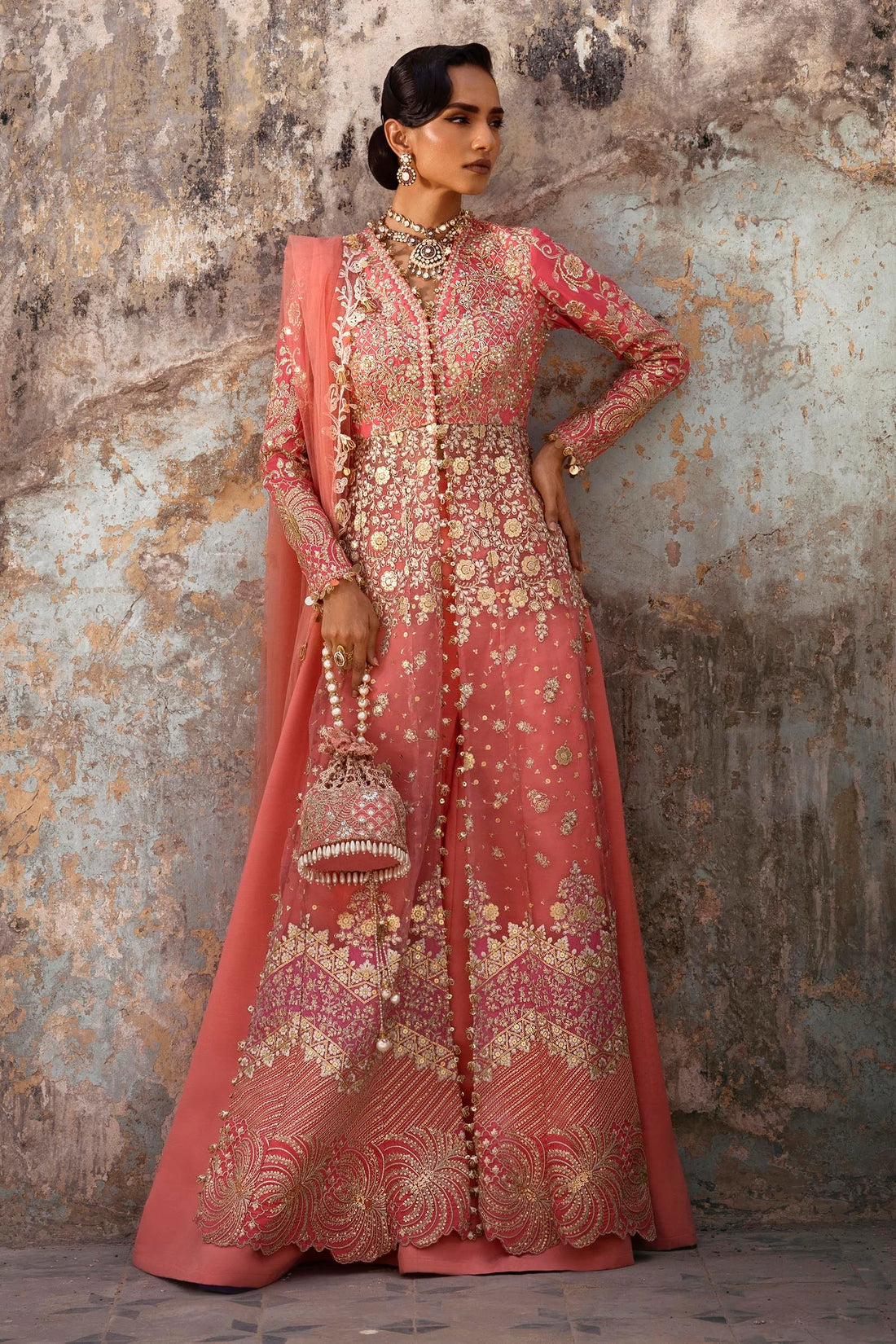 N252-005-3CX stitched fuchsia pink wedding suit with organza panels and embroidered dupatta – Sana Safinaz for Pakistani women in USA, UK, Canada

